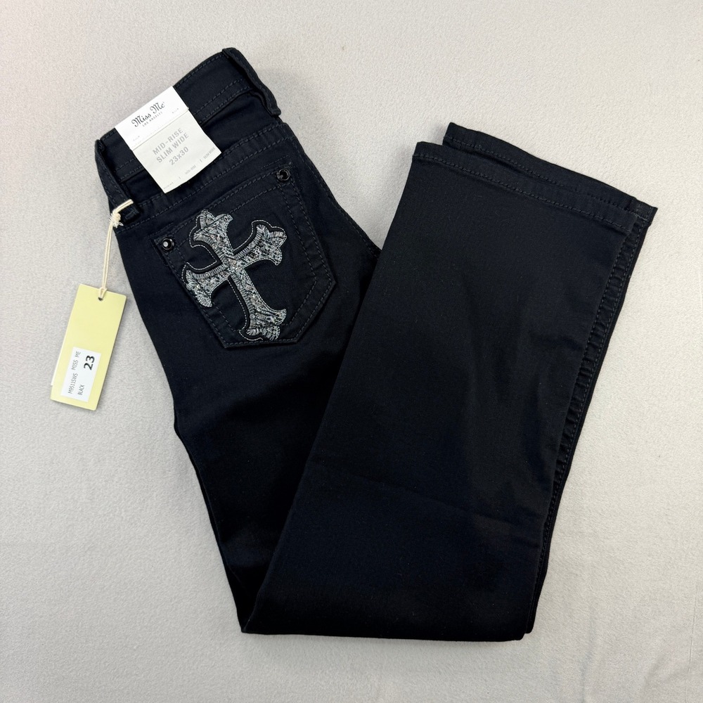 Miss Me Black Mid Rise Slim WideLeg Cross Embroidered GothicGrunge Jeans Sz23x30